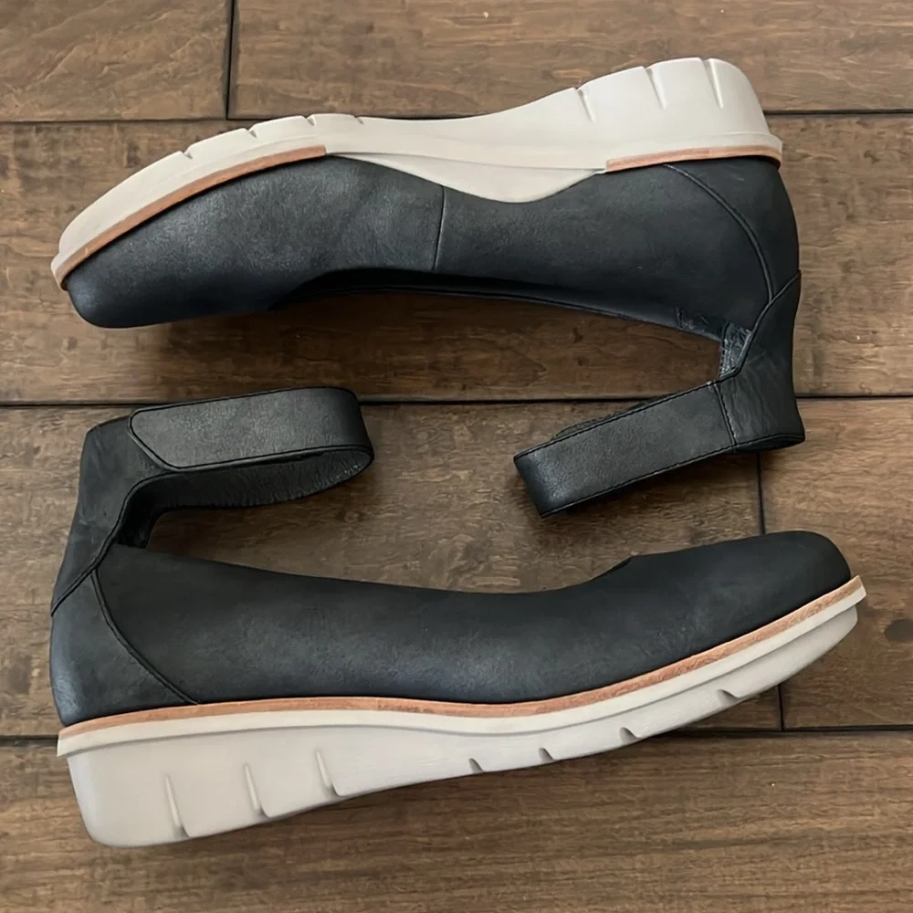 Dansko Black Leather Wedge Mary Janes with White Soles